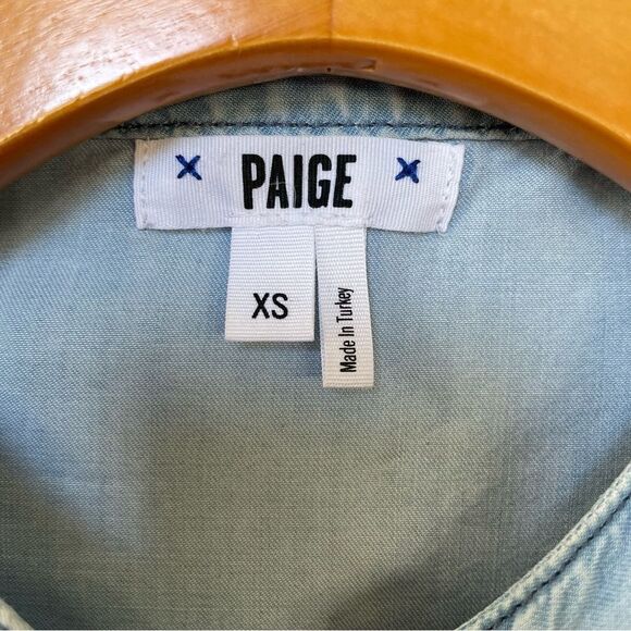 Boho Chambray Button Down Shirt Light Blue Denim with Ruffle Trim, PAIGE size XS - Picture 3 of 7